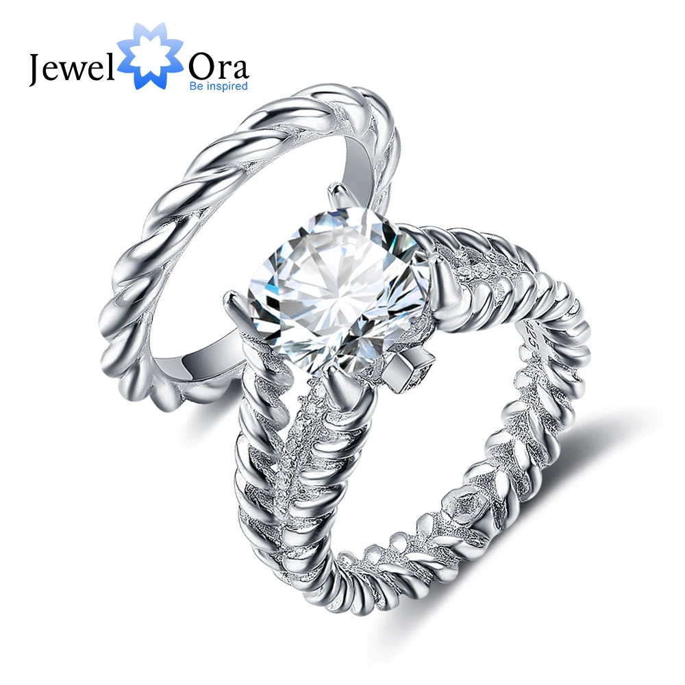 

Hemp Rope Shape Wedding Ring Sets 10mm 3.5 CT Hearts And Arrows Cubic Zirconia 925 Sterling Silver Jewelry (JewelOra RI102335)