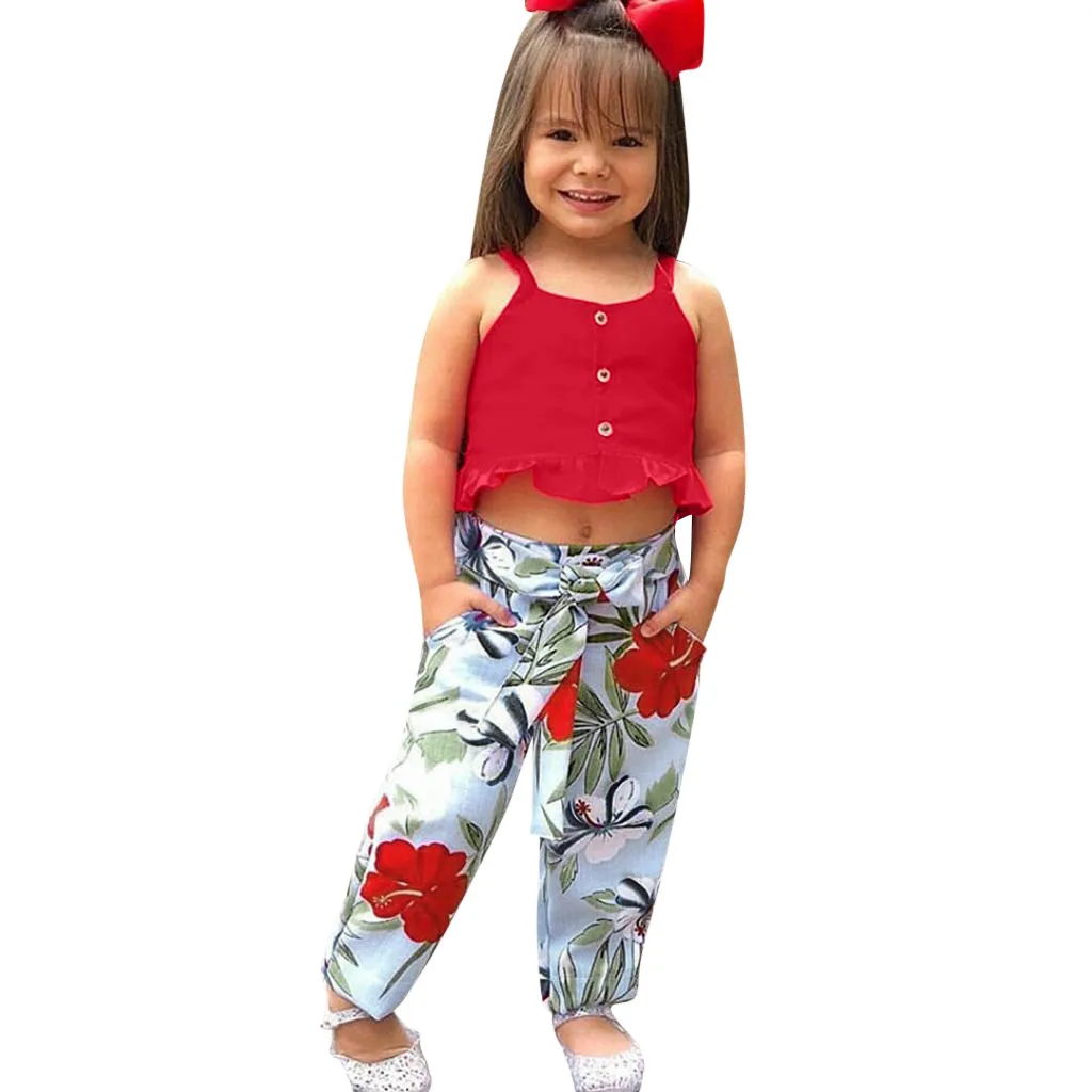 Новая летняя одежда для маленьких девочек, 2 предмета однотонная футболка с оборками топы с высокой талией, платье с цветочным рисунком стильный комплект одежды