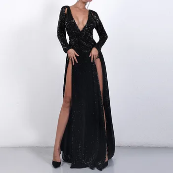 

Chic Shining Sexy Deep V Neck Long Dress Long Sleeved Retro Sexy Front Split Evening Party Dress Floor Length Female Vestidos