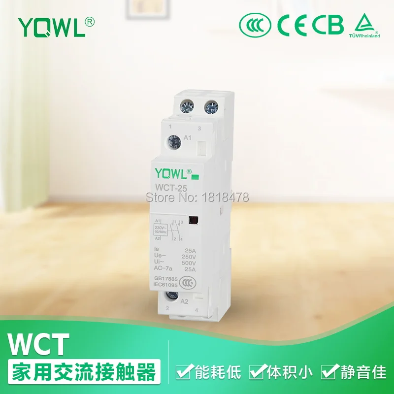 

WCT-25 AC220-240V Coil Voltage 35mm DIN Rail Mount 2-Pole Universal Purpose Household Contactor Family Modular 25Amp