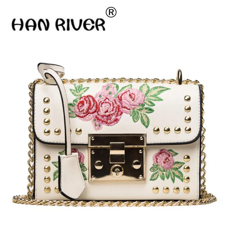 

HANRIVER Women Embroidery Flower Flap Bag Fashion Rivet PU Leather Messenger Bags Famous Brands Designers Single Shoulder bags