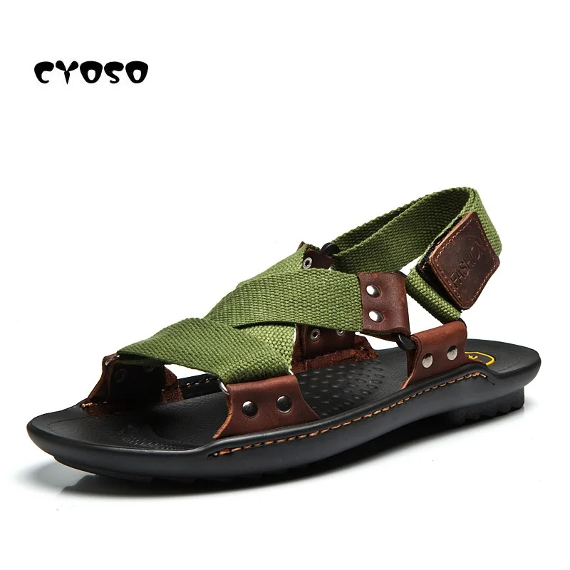 

CYOSO Summer Genuine leather Men Sandals Flat Shoes Male Casual Beach Shoes Walking Flip Flops Gladiator Sandals