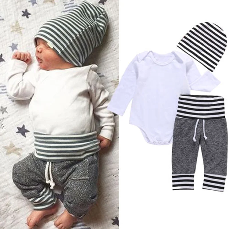 

3Pcs Newborn Infant Baby Boy Clothes Set Solid Cotton Romper and Striped Pants Hat Pajamas Outfit Set 3-18M
