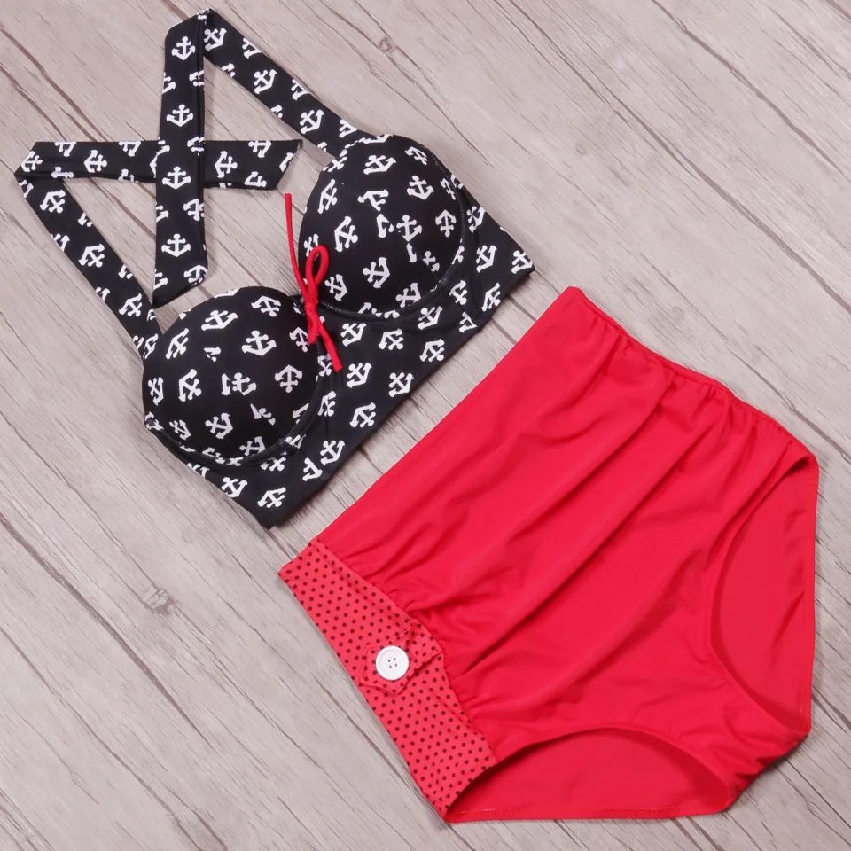 Günstige Biseafairy Hohe Taille Badeanzug Plus Size Bademode Frauen Vintage Bikini Badeanzug 2019 Retro Bikini Set Große Größe Badeanzug