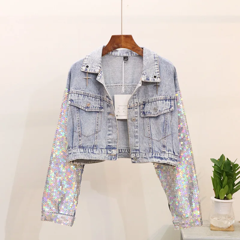 

2019 Spring and Autumn Women's Short Denim Coat Female Colorful Sequins Long Sleeve Jeans Jacket Students Loose Outwear