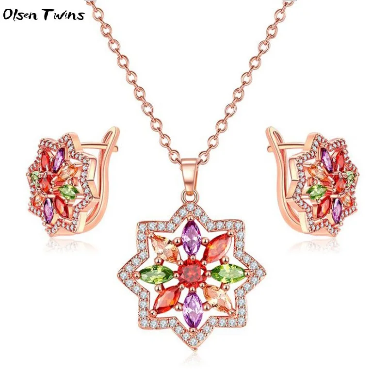 

Olsen Twins Multicolor Crystal Zircon Eight-pointed Star Necklace Earrings Set Engagement Rose Gold Jewelry Sets