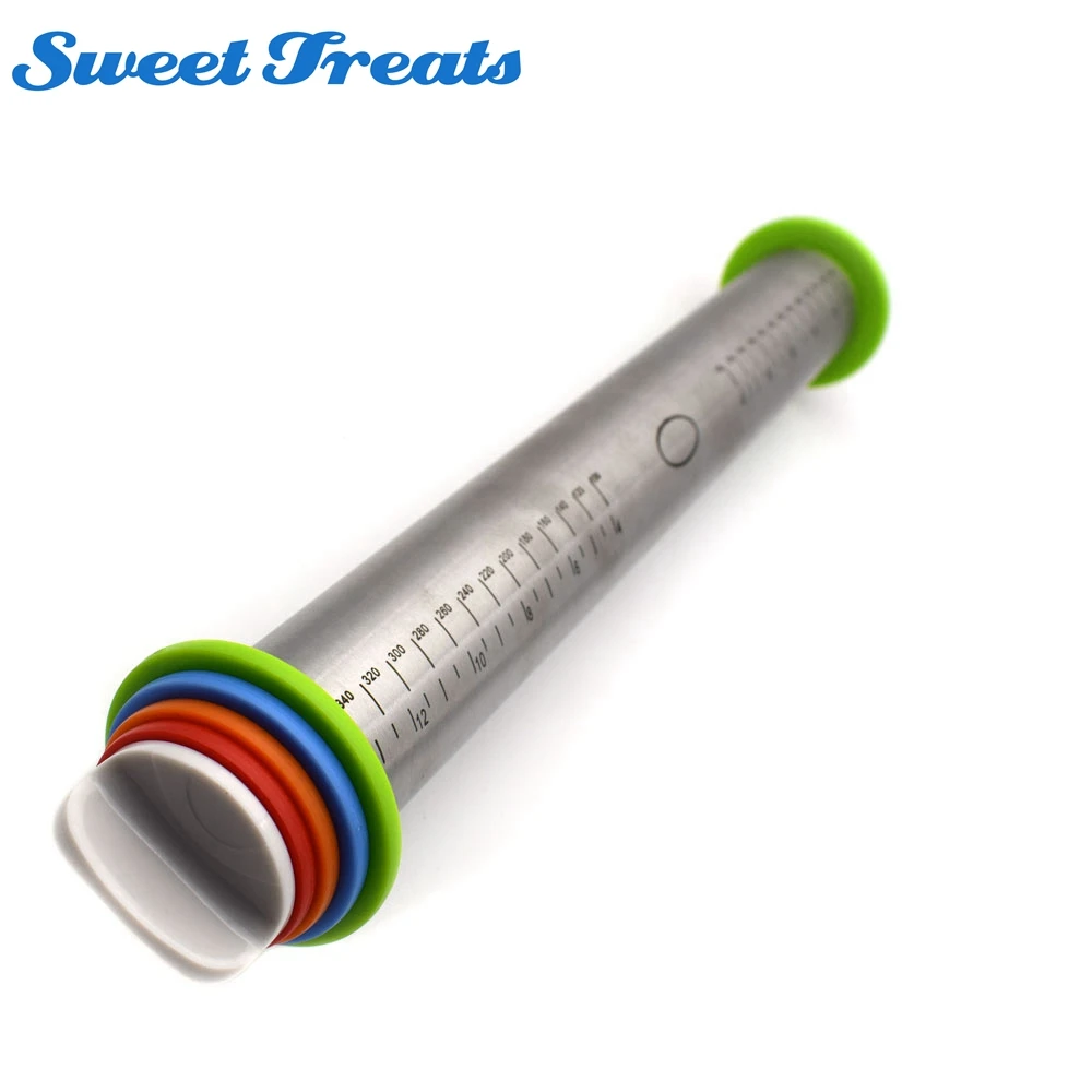 

Sweettreats Stainless Steel Rolling Pin 4 Adjustable Discs Non-Stick Removable Rings Dough Dumplings Noodles Pizza Baking Tools