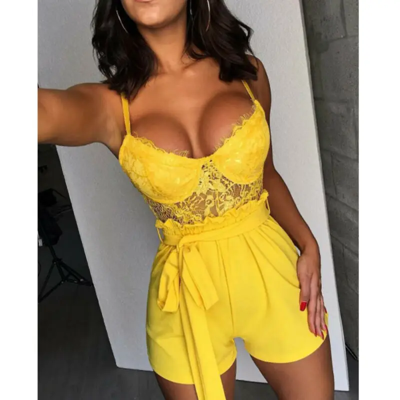 

Women Holiday Strap Mini Playsuit Summer Lace Camisole V Neck Sleeveless Playsuit Sexy Shorts Jumpsuit Club Clothes