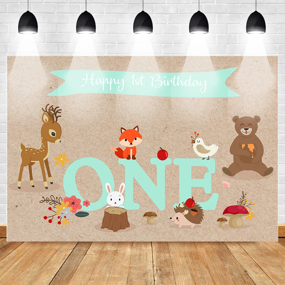 

Happy 1st Birthday Backdrop Woodland Theme Bear and Deer Wild One Photography Background First Birthday Party Banner Photo Booth