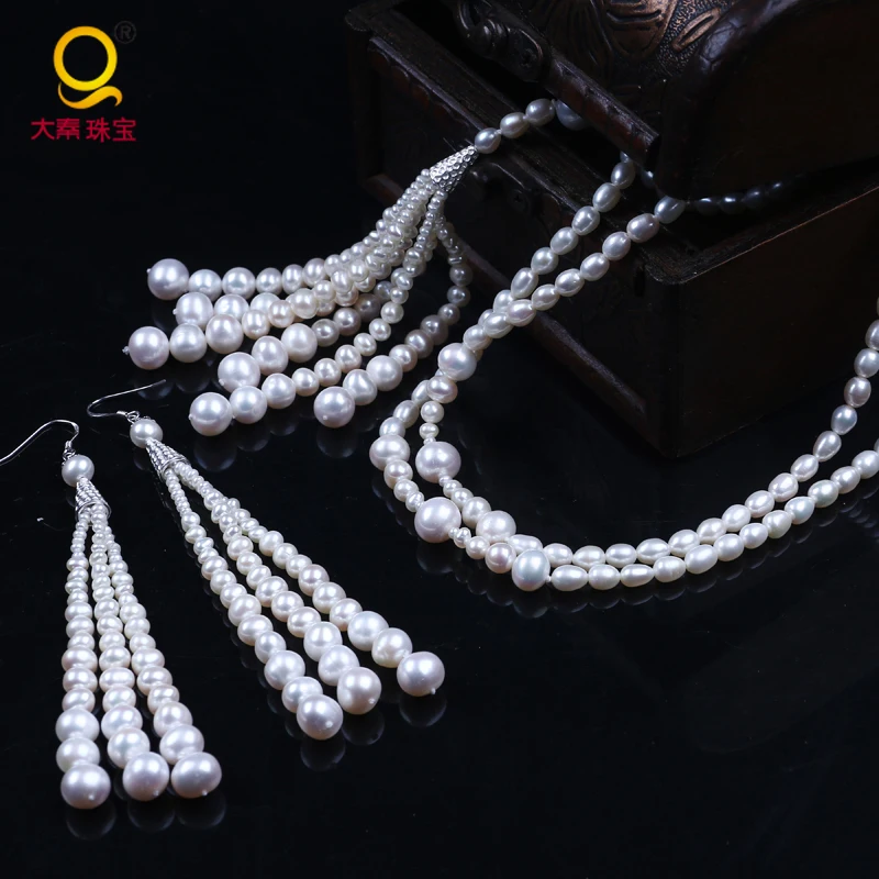 

New fashion design exquisite long chain sweater necklace and earrings small to big pearl sterling silver jewelry women for party