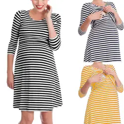 Для беременных Для женщин хлопок платье в полоску Clotes для беременных Грудное вскармливание пижама с длинными рукавами для беременных Для