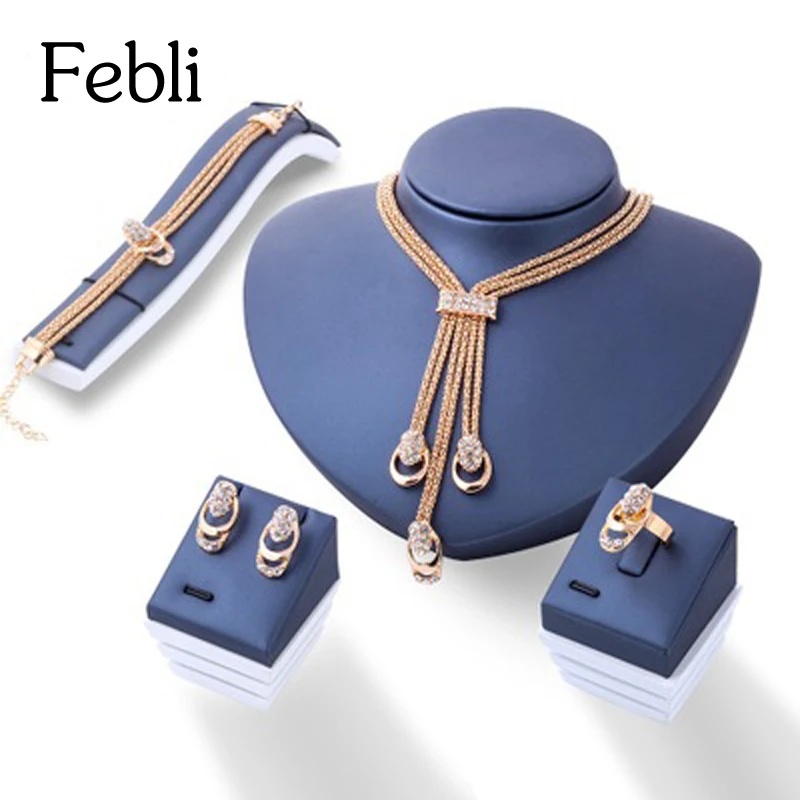 Febli Rose Gold Color Crystal Necklace Earring Bracelet Ring Set Rhinestone New Simple Party Dress Jewelry Sets For Women | Украшения и
