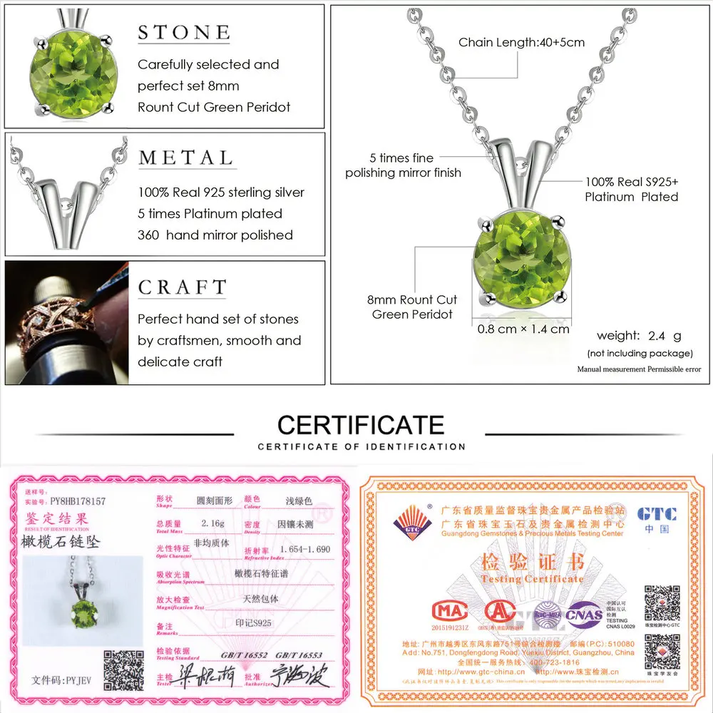 Lamoon 8mm Natural Round Cut Peridot Sterling Silver Simple Pandent Chain Necklace Women Jewelry S925 LMNI057