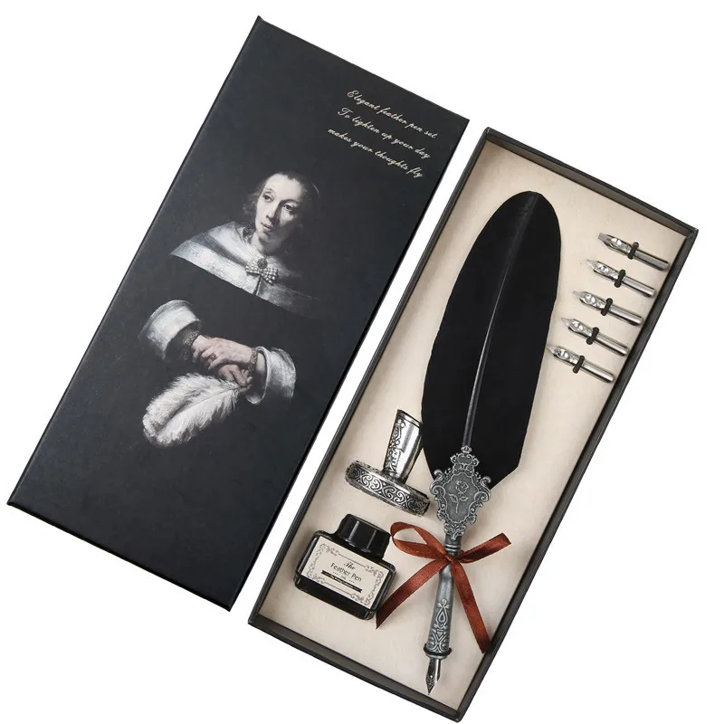 

HOT !!! Beautiful Colored Feather Pen Turkey Quill Writing Ink set Stationery Fountain Pen Gift Box 5 Nib Wedding Business Gift