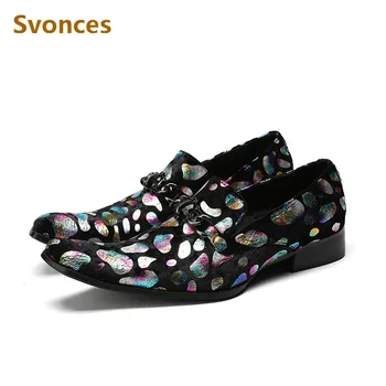 

Mens Designers Shoes Dressing Crystal Metal Graffiti Pointed Toe Fashion Flats Shoes 2018 Zapatos Cuero Hombre Flock Leather