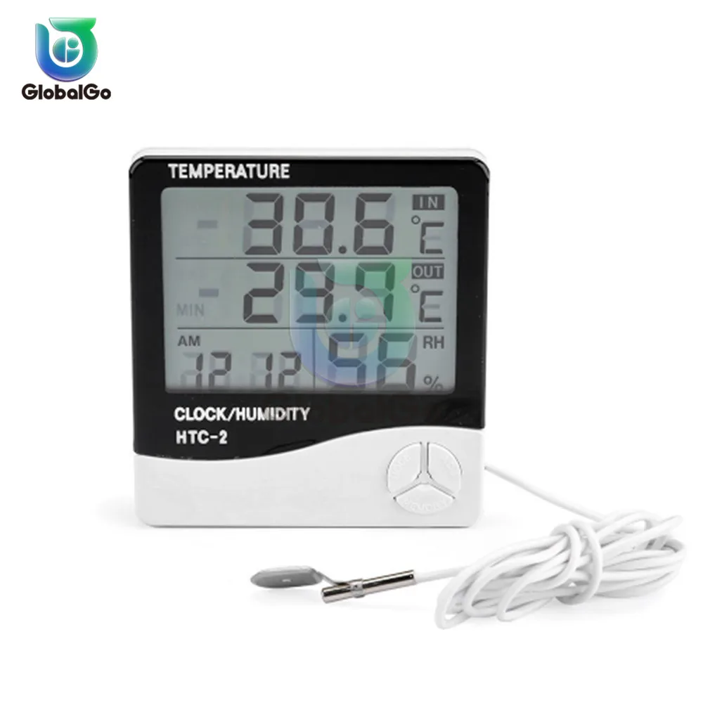 

HTC 2 Digital Thermometer Hygrometer LCD C/F Temperature Humidity Meter Weather Station Indoor Outdoor Alarm Clock HTC-2