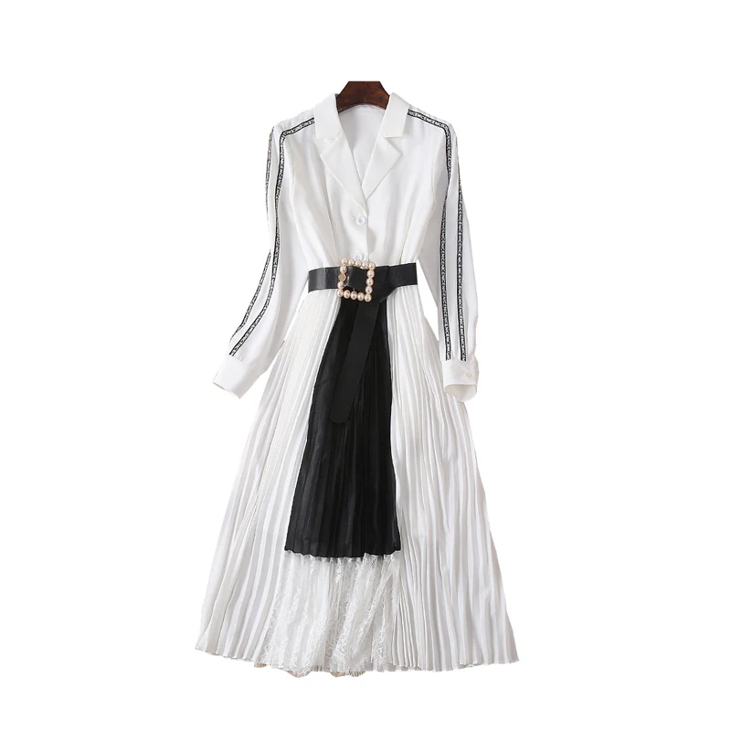 

HIGH STREET New Fashion 2022 Summer Designer Runway Dress Women's Elegant White Letter Sleeve Patchwork Lace Beading Belt Dress