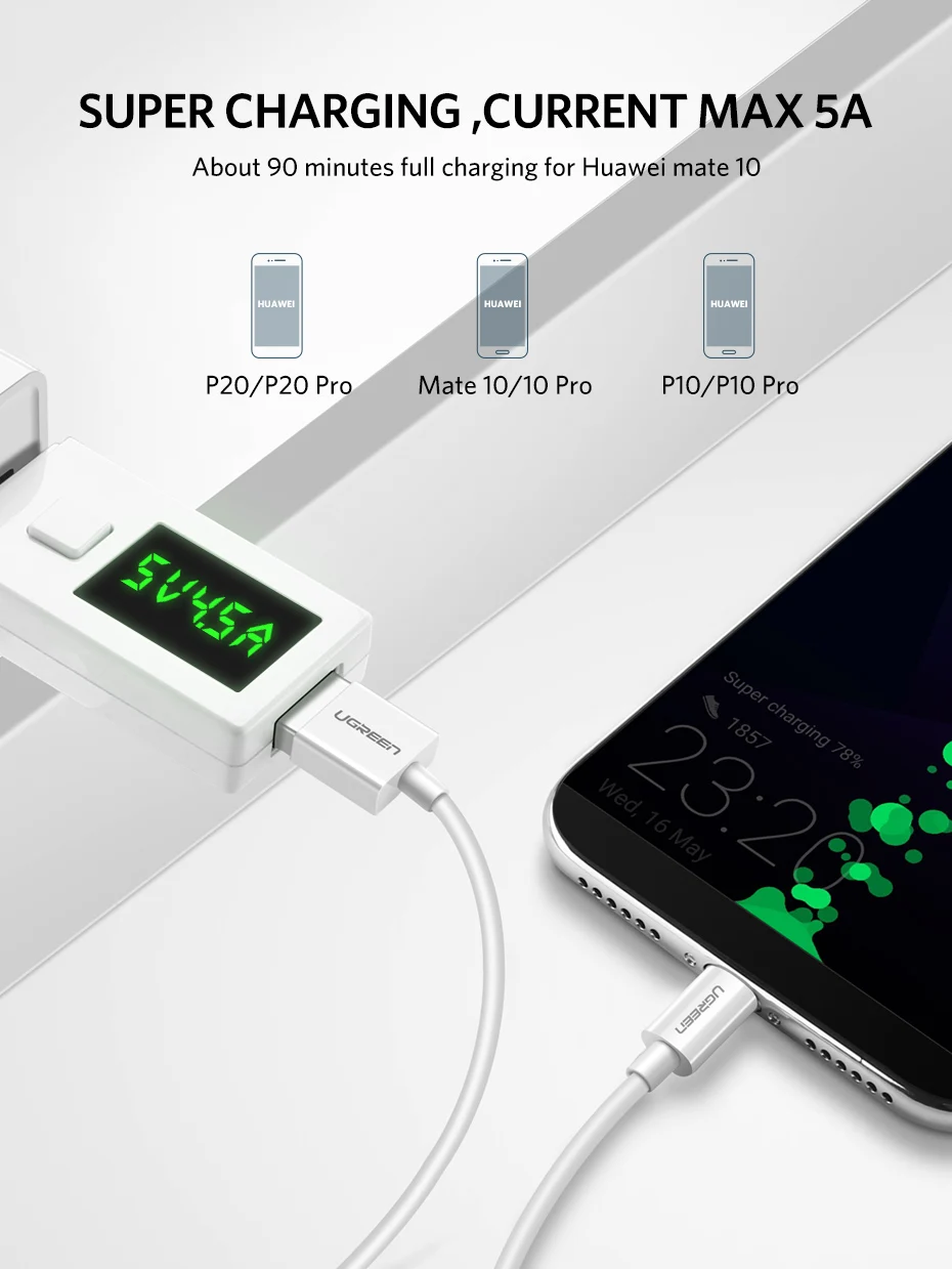 Ugreen 5A usb type-C кабель USB 3,1 быстрое зарядное устройство type-C Серебряный суперзарядный кабель для huawei P10 P20 Pro mate 10 USB C шнур