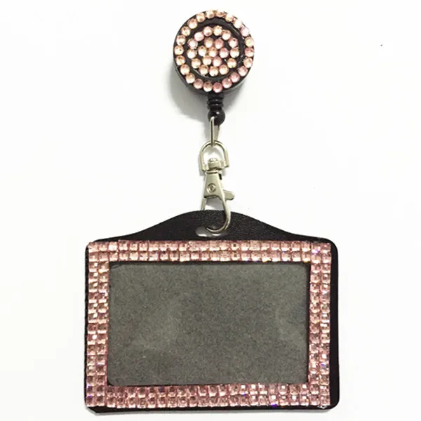 

1pcs Pink Color Bling Crystal Rhinestone ID Badge Holder Credit Card Bus Card Case With Retractable Badge Reel Stationery