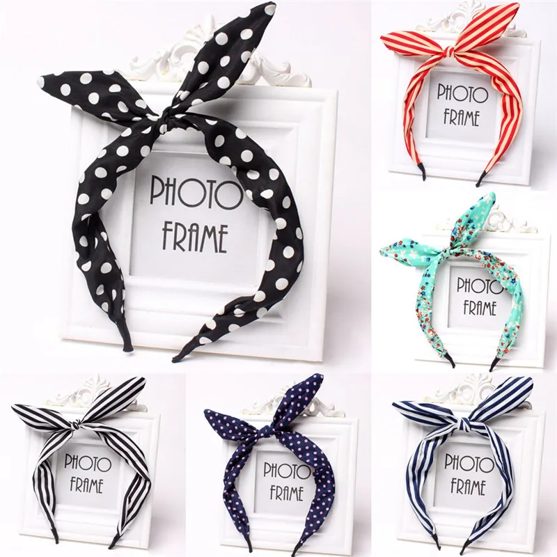 

Cute Korean Dots Bunny Rabbit Ear Ribbon Headwear Hairband Metal Wire Scarf Headband Hair Band Accessories
