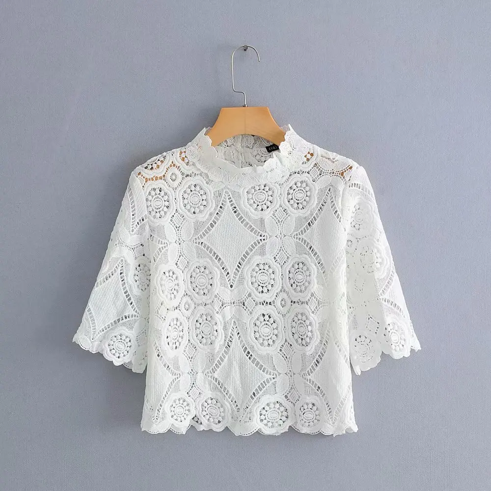 

women sweet lace crochet embroidery white blouse shirts women short sleeve hollow out blusas casual spliced chemise tops LS3348