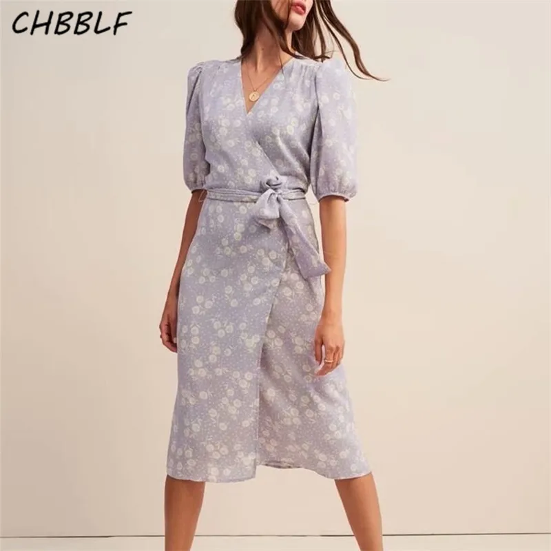 

CHBBLF women vintage print midi dress half sleeve bow tie waist female chic casual wrap dress ASF019