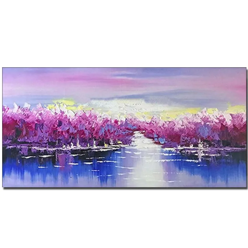 

Hand Painted Abstract Purple Forest River Canvas Oil Painting Abstract Wall Landscape Picture Living Room Home Wall Decoration