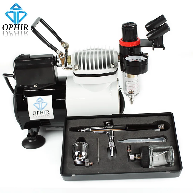 OPHIR 0.3mm Dual-Action Airbrush with 22cc Pot Airbrushing Compressor for Temporary Tattoo Hobby Tools_AC114+AC005