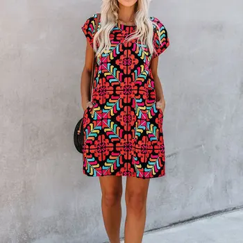 

Short Sleeve Round Neck Print Holiday Mini Dress Boho Straight Dresses Female 2020 Summer Fashion Casual Clothes Vestidos Ladies