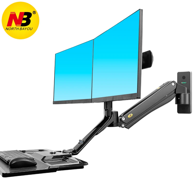 

Ergonominc Sit Stand Workstation Wall Mount 22-27 inch Dual Monitor Holder Arm with Foldable Keyboard Plate MC40-2A