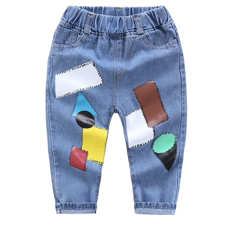 4 Baby Boys Jeans Kid Painted Pants Girls Denim Trousers Geometrical Color Block Patchwork Cotton Elastic Waist Baby Clothing