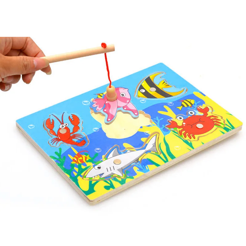 Деревянная Магнитная игрушка для рыбалки, игра для детей, мини-краб океана, головоломка с рыбой, детский Ранний Образовательный Дошкольный рыболовные игрушки для детей - Цвет: B
