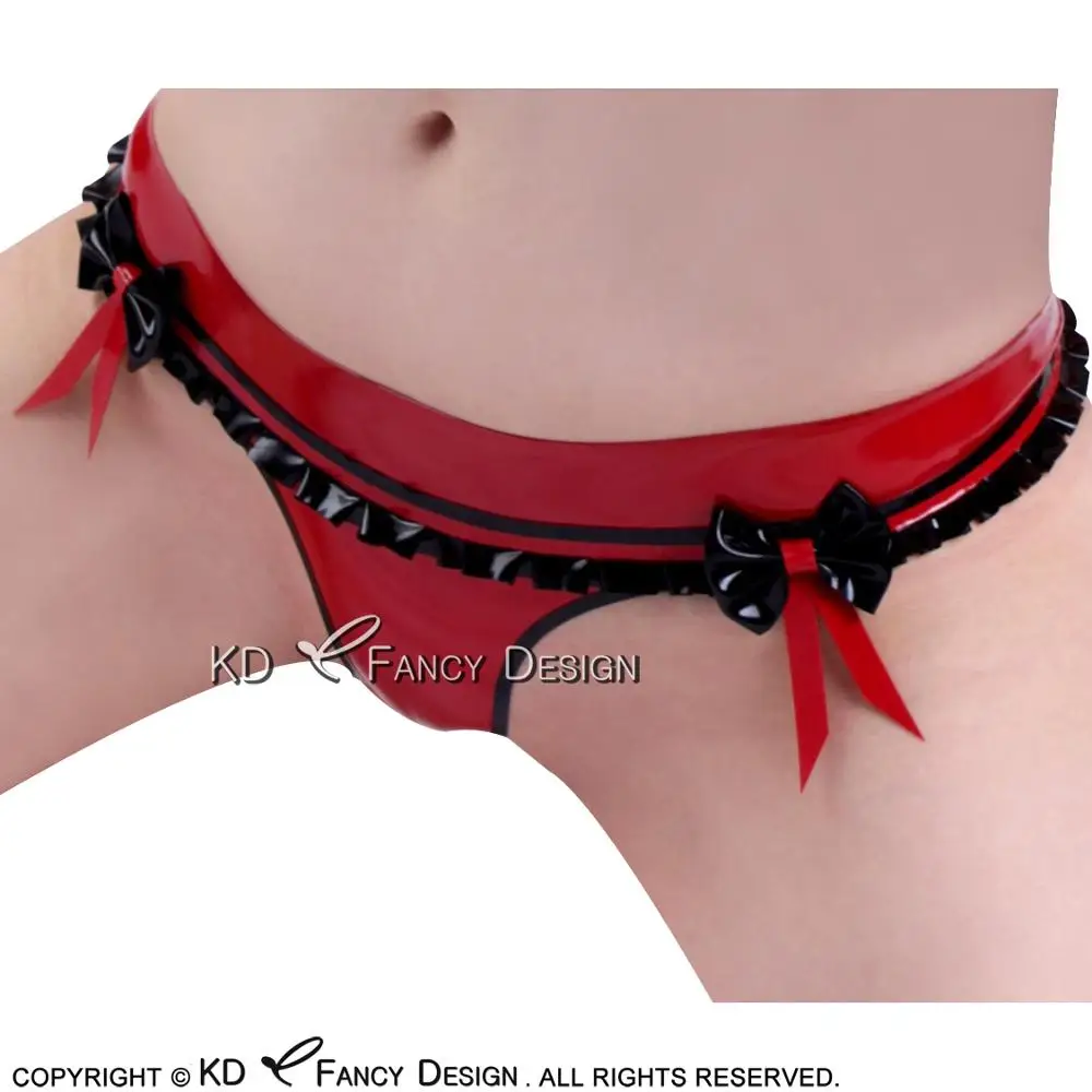 

Red With Black Trims Sexy Latex Panties With Bows At Front Rubber Briefs Thong Underpants Underwear Plus Size DK-0155