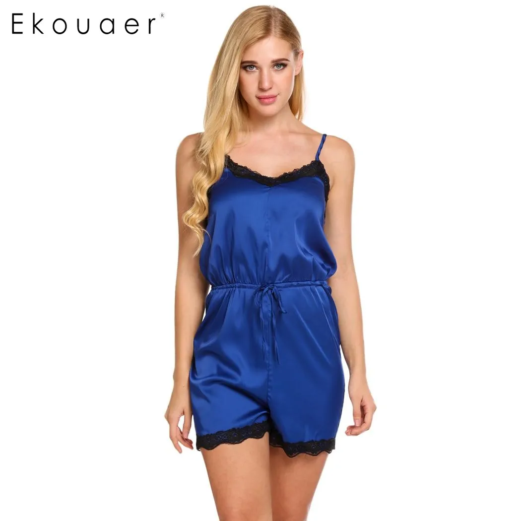 Ekouaer Women Summer Casual Nightwear Sleeveless Lace Trim Satin ...