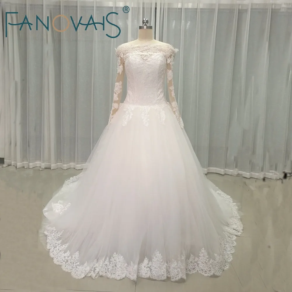 2017 Lace font b Wedding b font Dresses Long Sleeves Boat Neck Luxury font b Wedding