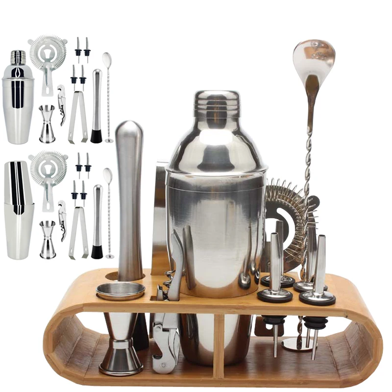 

12 Pcs 750ml/550ml Cocktail Shaker Set Jigger Mixing Spoon Ice Broken Stick Strainer Tong Barware Tools Wood Storage Stand