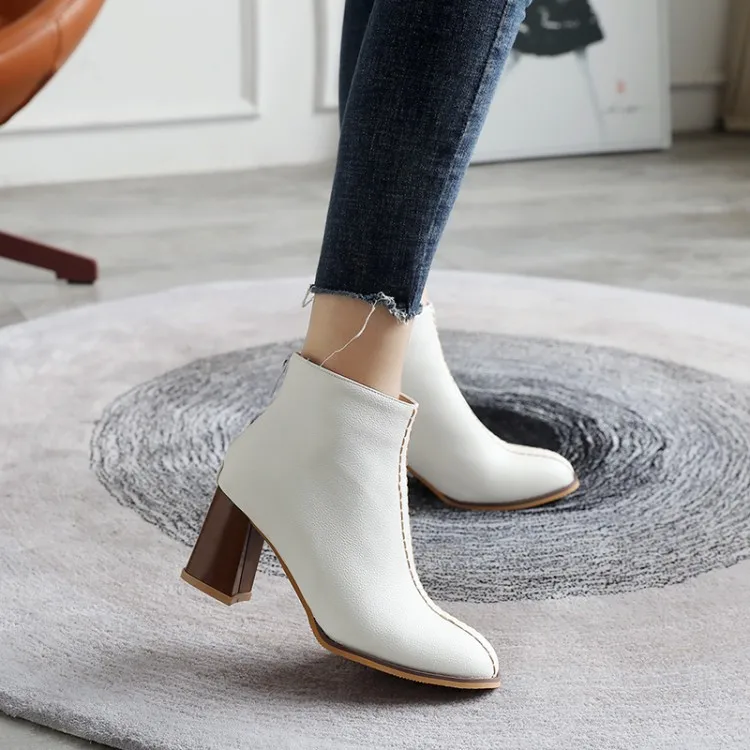 

Big Size 11 12 13 14 15 Fashion boots with round head, thick heel, high heel, zipper, color matching and short drum sewing