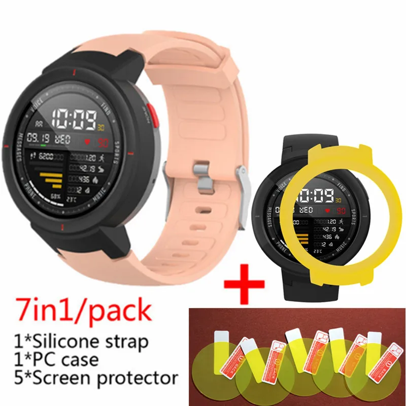 3в1 силиконовый ремешок для смарт-часов Huami Amazfit+ чехол с рамкой+ Защитная пленка для экрана amazfit Verge - Цвет: Pink 3