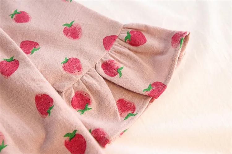 Fanfiluca Girls Dress 2018 Autumn Casual Style Girls Clothes Long Sleeve Strawberry Pattern Cotton Stand Collar Dress008