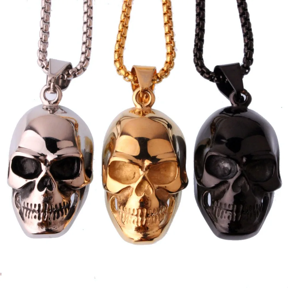 Cool New Stainless Steel Silver Color/Gold/Black Punk Skeleton Skull Head Biker Jewelry Mens Pendant Necklace Free Box Chain 24&quot |