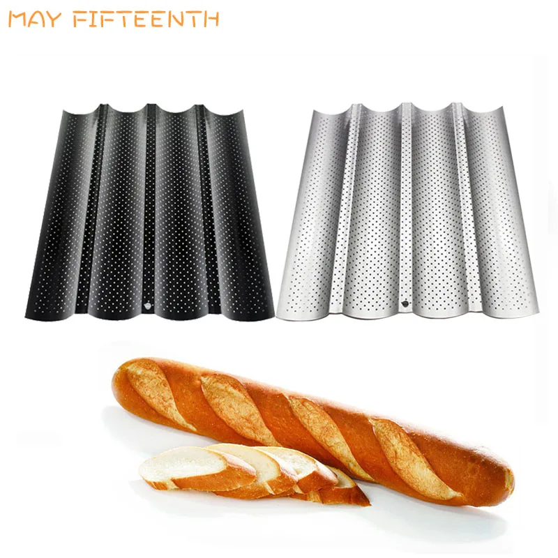 

MAY FIFTEENTH 4/3 Rows Non-Stick French Bread Baking Tray for Baguette Perforated Bread Pan Loaf Silver Wave Baking Mold 068