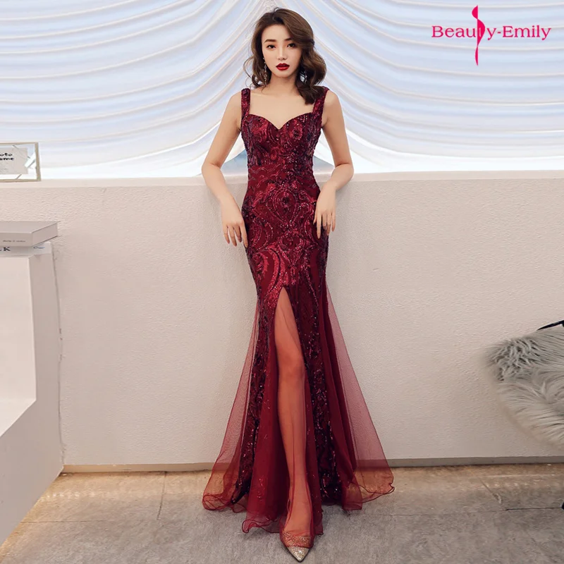 Beauty Emily Sling V Neck Burgundy Evening Dresses Sequins Rhinestones Pleated Lace Party Dress Split Prom Gowns robe de soiree