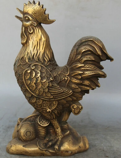 

JP S61 12" Chinese Brass animal Ru Yi Wealth Zodiac Year Rooster Cock sculpture Statue