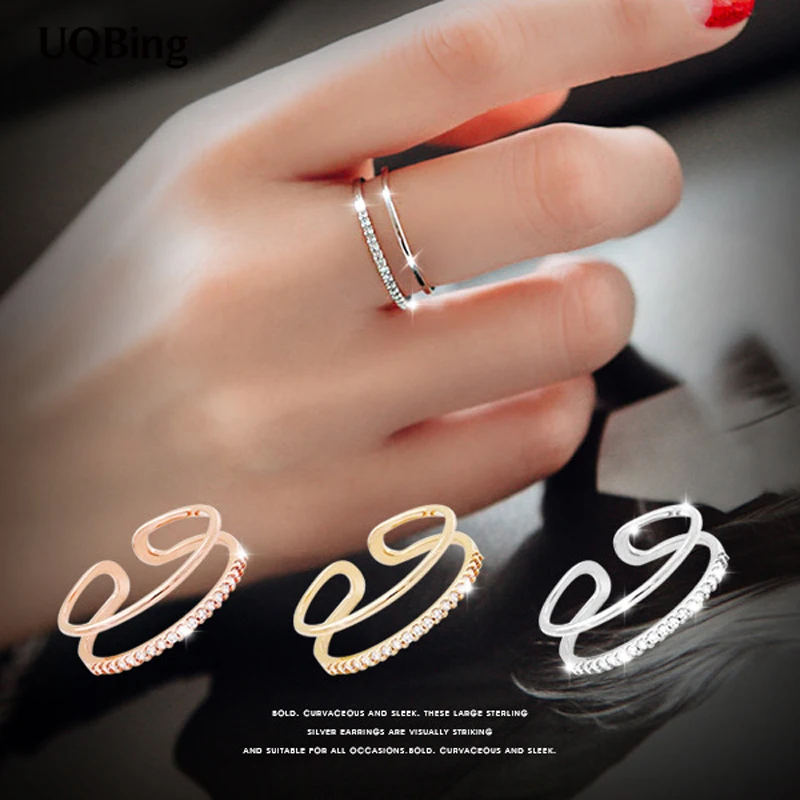 New Arrivals 925 Sterling Silver Open Rings Double Layer Rhinestone Rings For Girl Women Rings Gift Jewelry afbeelding