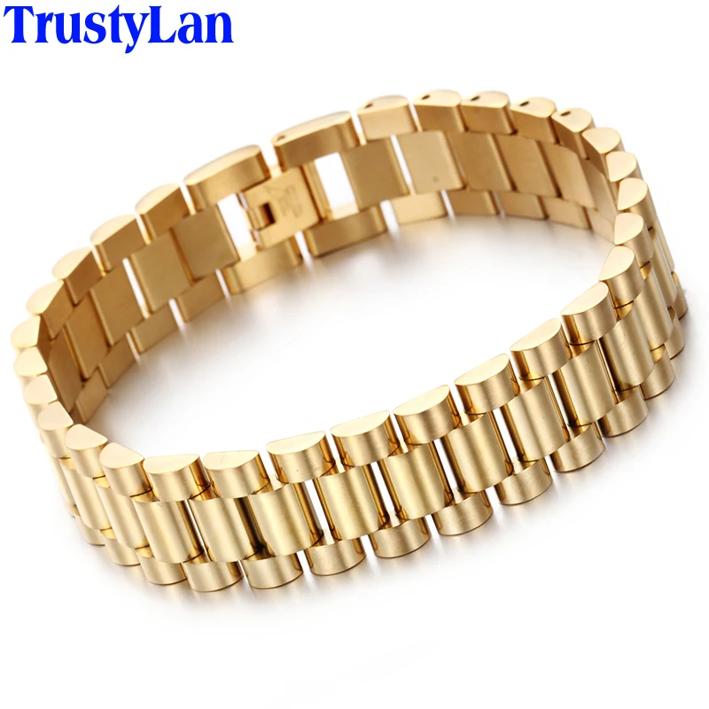 

TrustyLan 15MM Thick Chain Bracelets Gold Color Stainless Steel Watchband Style Adjustable Men's Bracelets For Men Armband