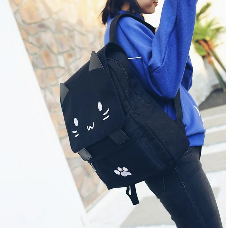 Cute Cat Schoolbags 2018 New Casual Women Backpack Canvas School book Bag for Girls Back Pack Printing Big Pink Black School Bag