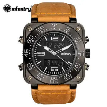 

INFANTRY Digital Watch Men LED Stopwatch Mens Watches Quartz Brown Leather Sport Black Army Military Watch for Men