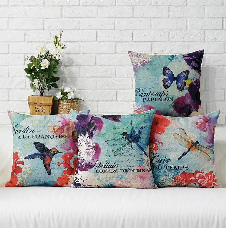 Linen Pillow Cover fly Butterfly Floral Blue Dragonfly Bird Natural