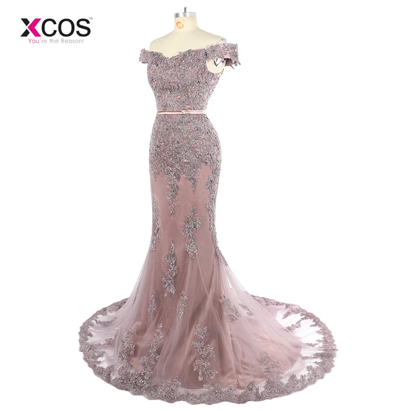 Dusty Pink Off the Shoulder Mermaid Evening Dress Long 2019 Lace Appliques Beads Formal Trumpet Prom Gown Robe de Soiree Longue