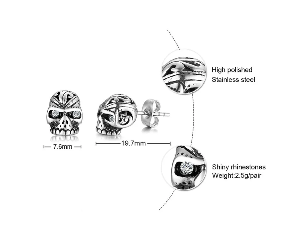Пара мужские Нержавеющая сталь череп с трещиной серьги-гвоздики с камнями циркония квадратной формы; готическая обувь в стиле «панк»; Байкер ювелирные изделия